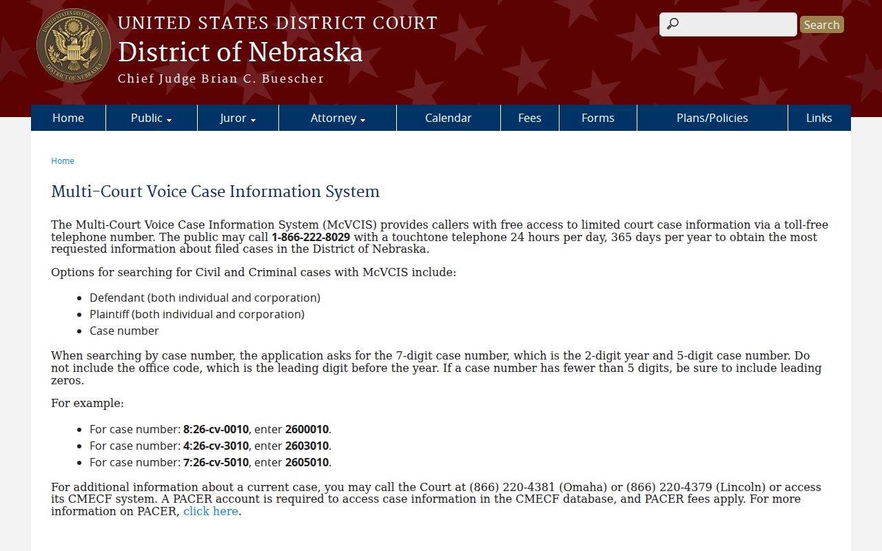 Loup County case lookup federal MCVCIS voice search instructions