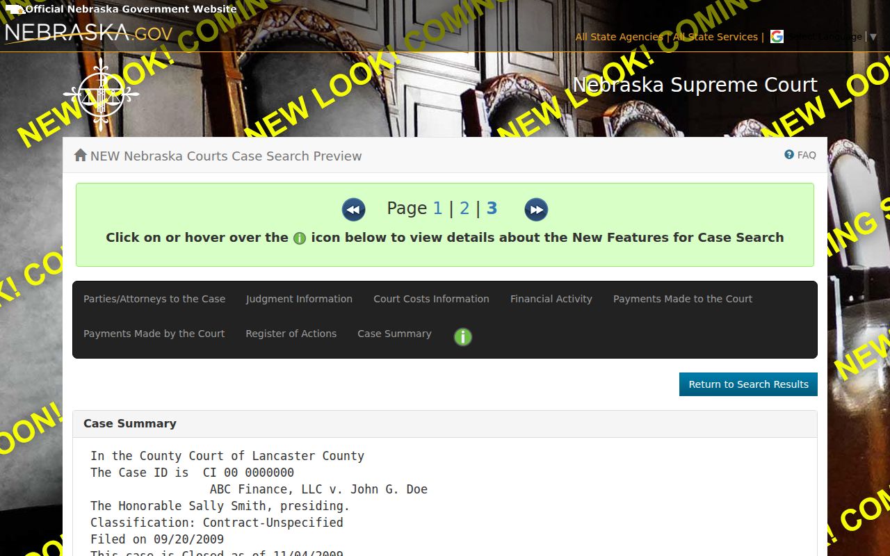 Loup County civil docket anonymized Case Summary and Register of Actions demonstration