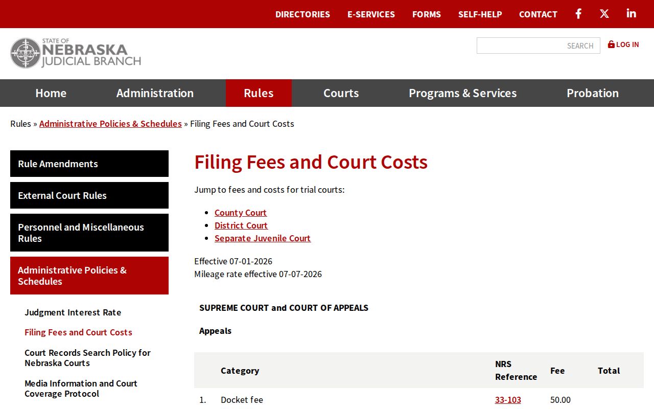 Loup County civil docket current Nebraska court copy and seal fee schedule